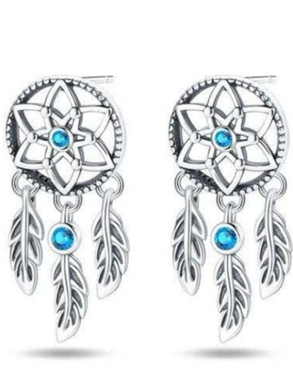 Dreamcatcher Earrings S925 Silver Feather Dangle Stud Earrings Blue Stone